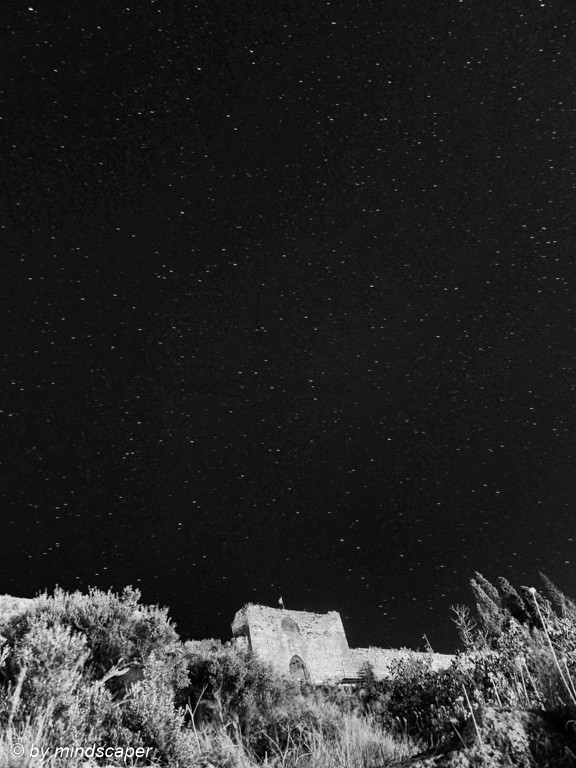 Kastro Main Gate under the Stars - Koroni by Night in Black & White